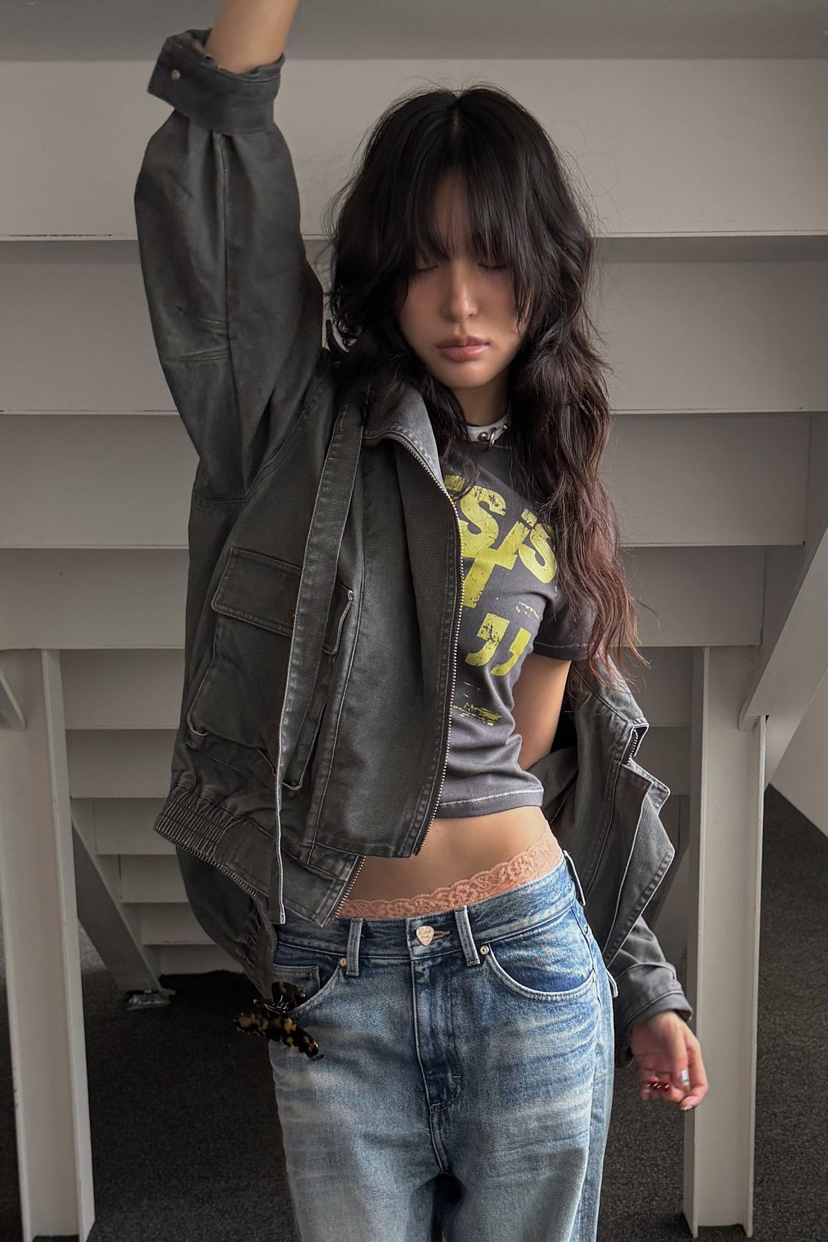 Instantfunk Layered Collar Rider Jacket - Grey