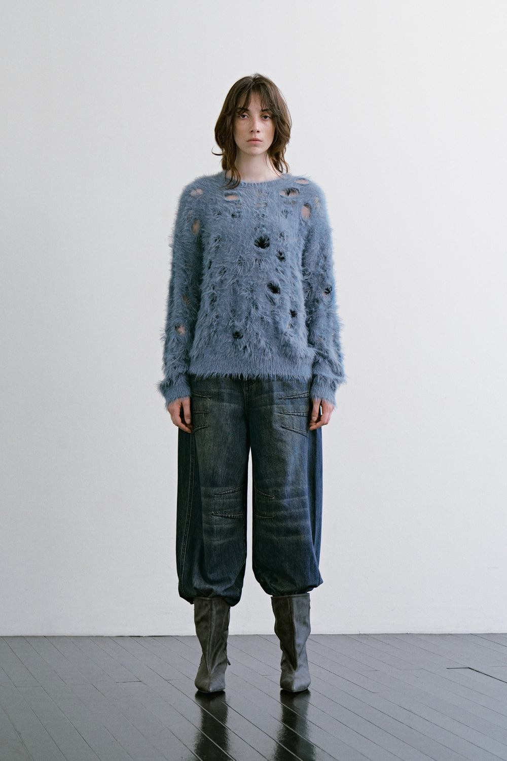 Treemingbird Shaggy distressed Hole Knit Blue