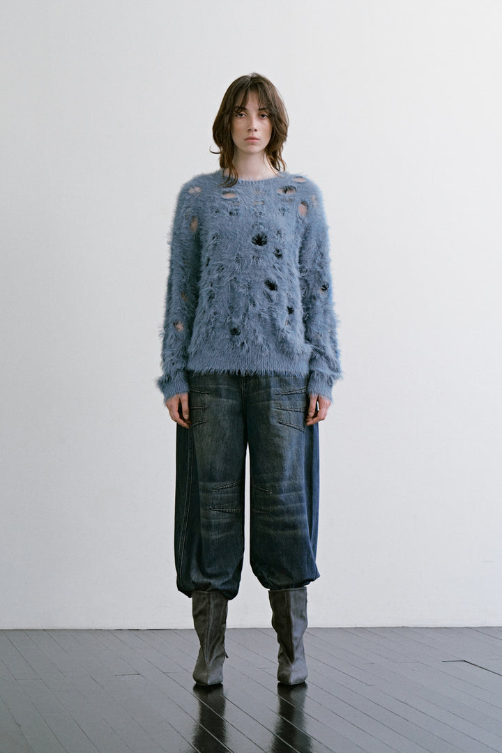 Treemingbird Shaggy distressed Hole Knit Blue