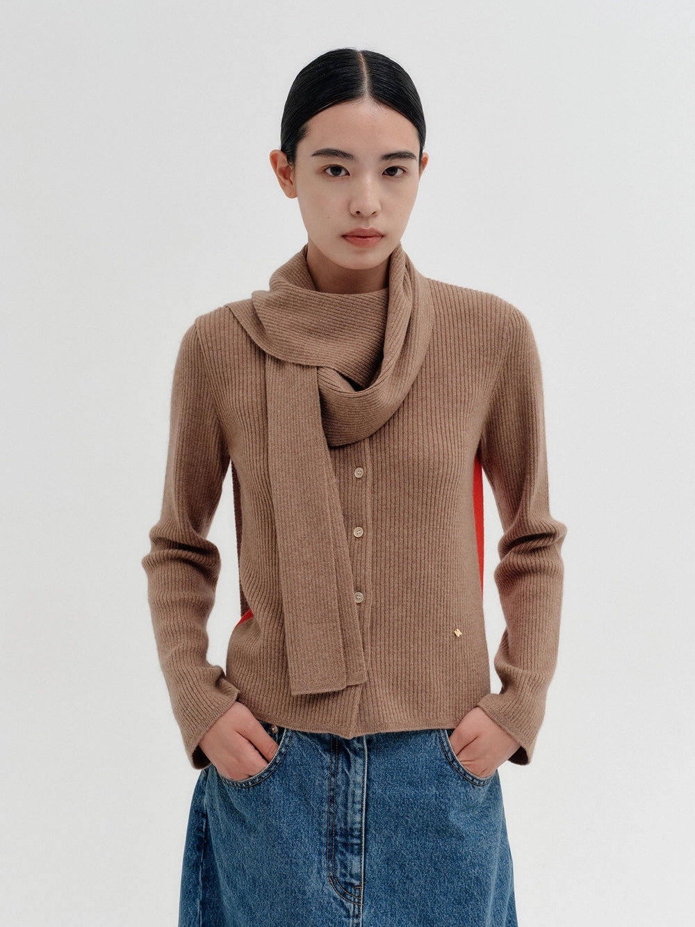 EENK Scarf Layered Knitwear Cardigan - Beige