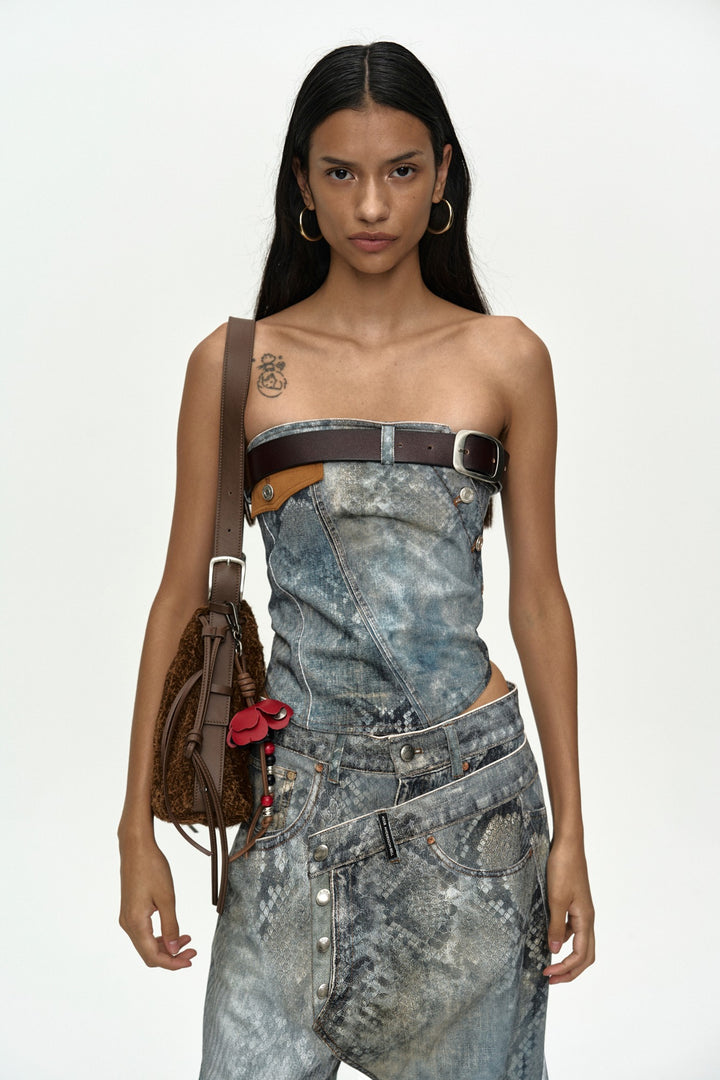 Andersson Bell Python Fade Denim Printed Twist Bustier