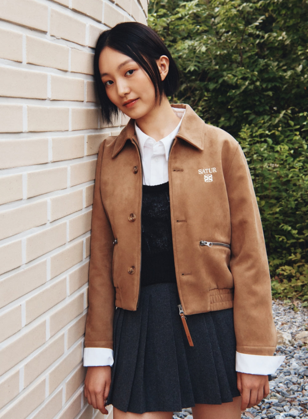 [satur] (W) Wool Blend Pleats Mini Skirt - Charcoal