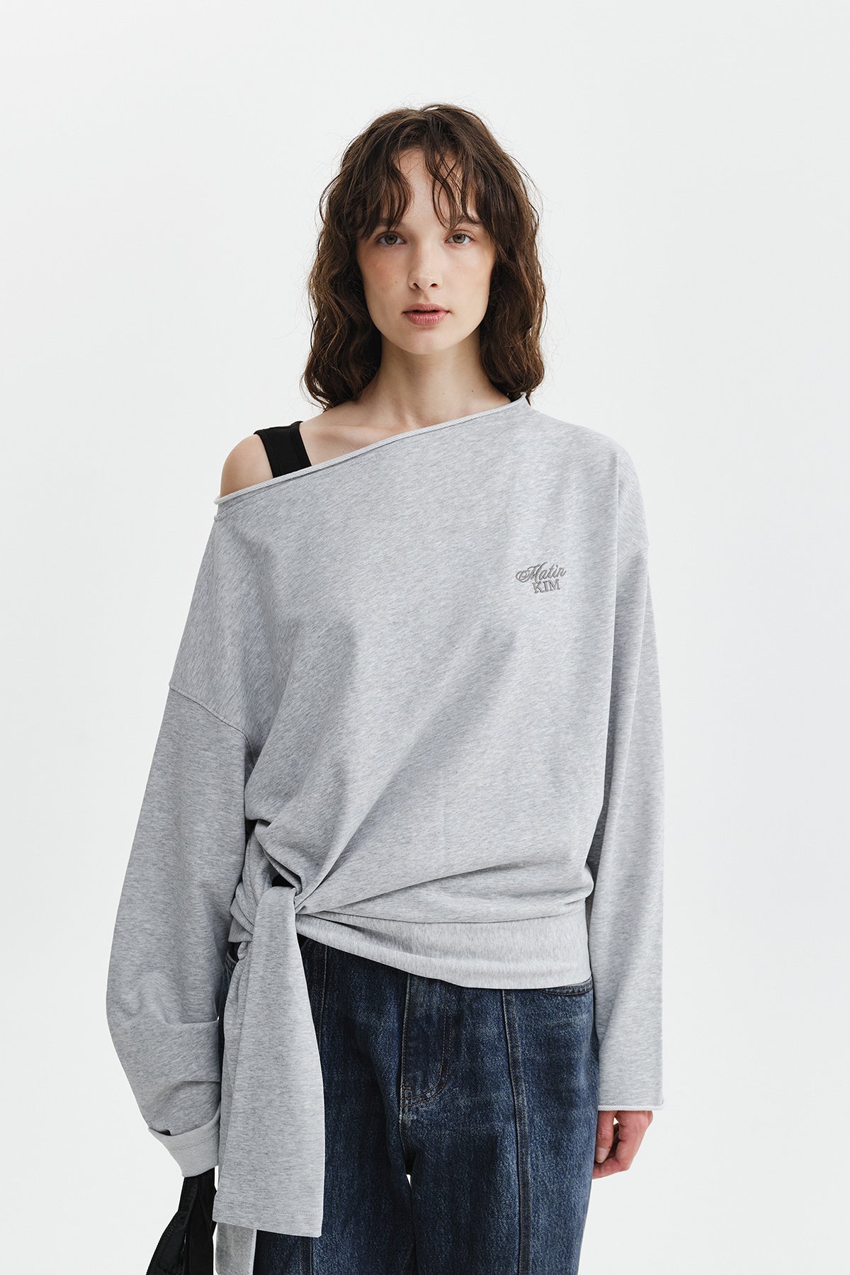 Matinkim Back Logo Raw Cut Boat Neck Top IN Grey