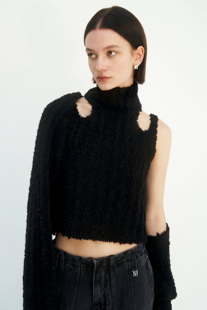 Treemingbird Shoulder Cutouts Knit Set-up Bolero&Sleeveless Black