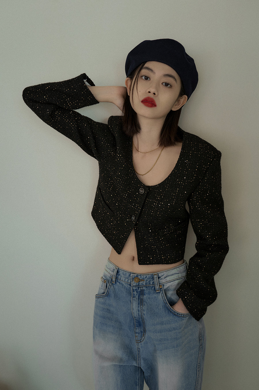 Overdueflair Tweed U Neck Crop Jacket Black