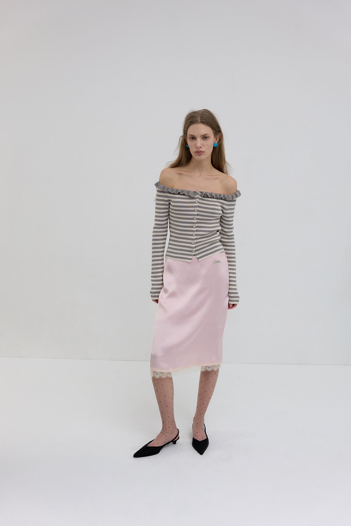 Overdueflair Off-Shoulder Frilled Stripe Cardigan Cream/Grey