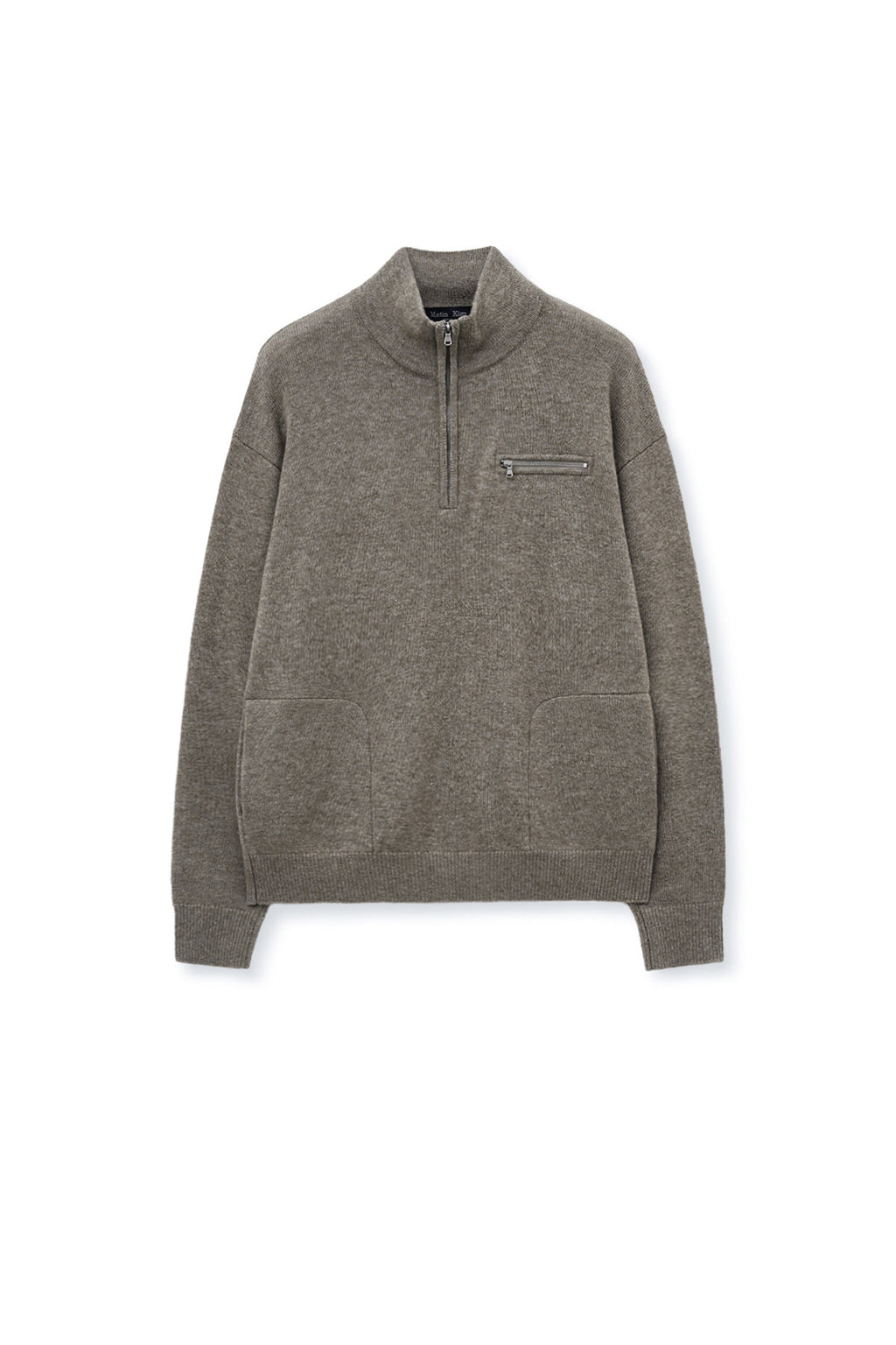 [matinkim] BACK LOGO HALF KNIT ZIP UP PULLOVER FOR MEN IN DARK BEIGE