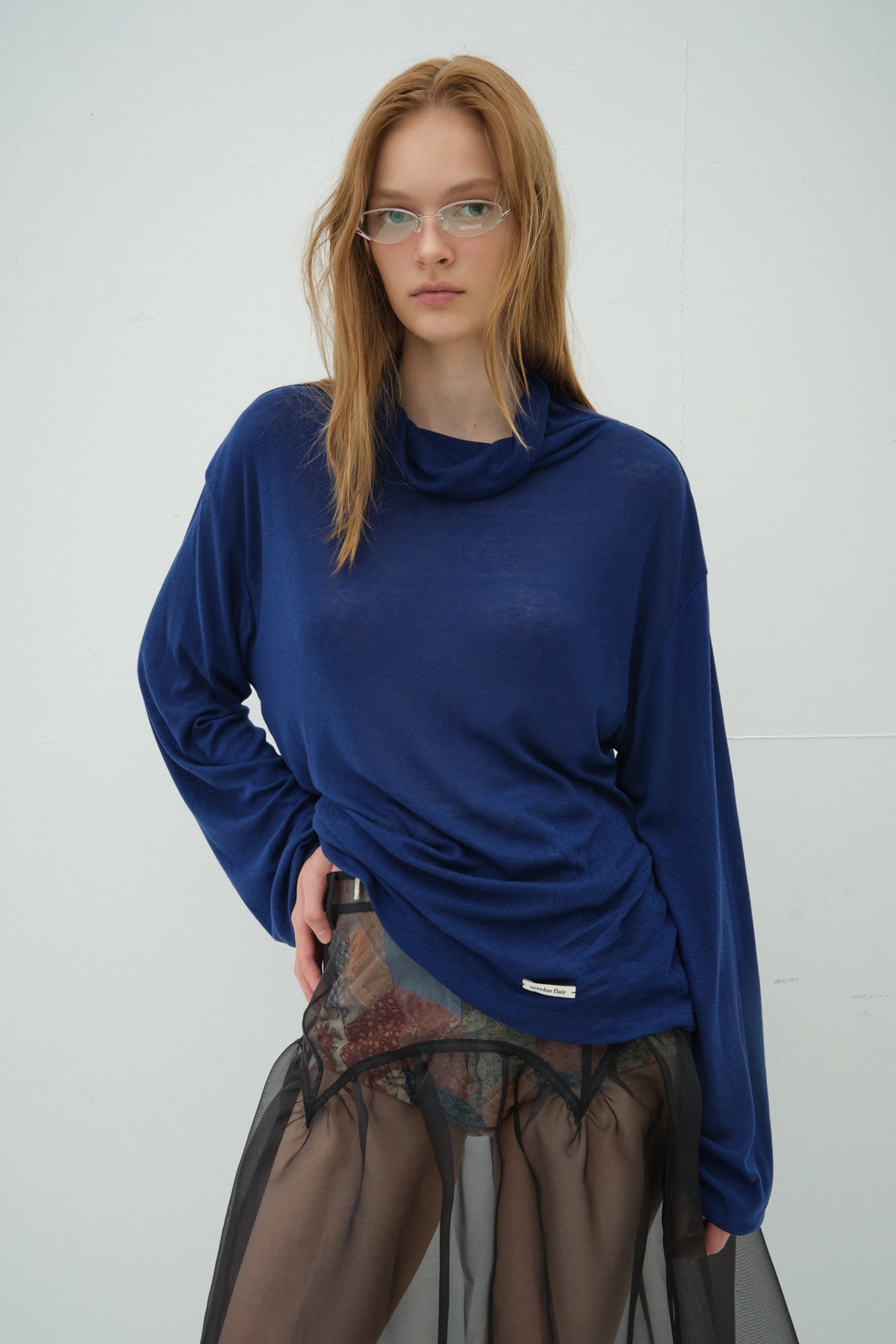 Overdueflair Loose Fit Wool Tencel Turtleneck T-Shirt Royal Blue