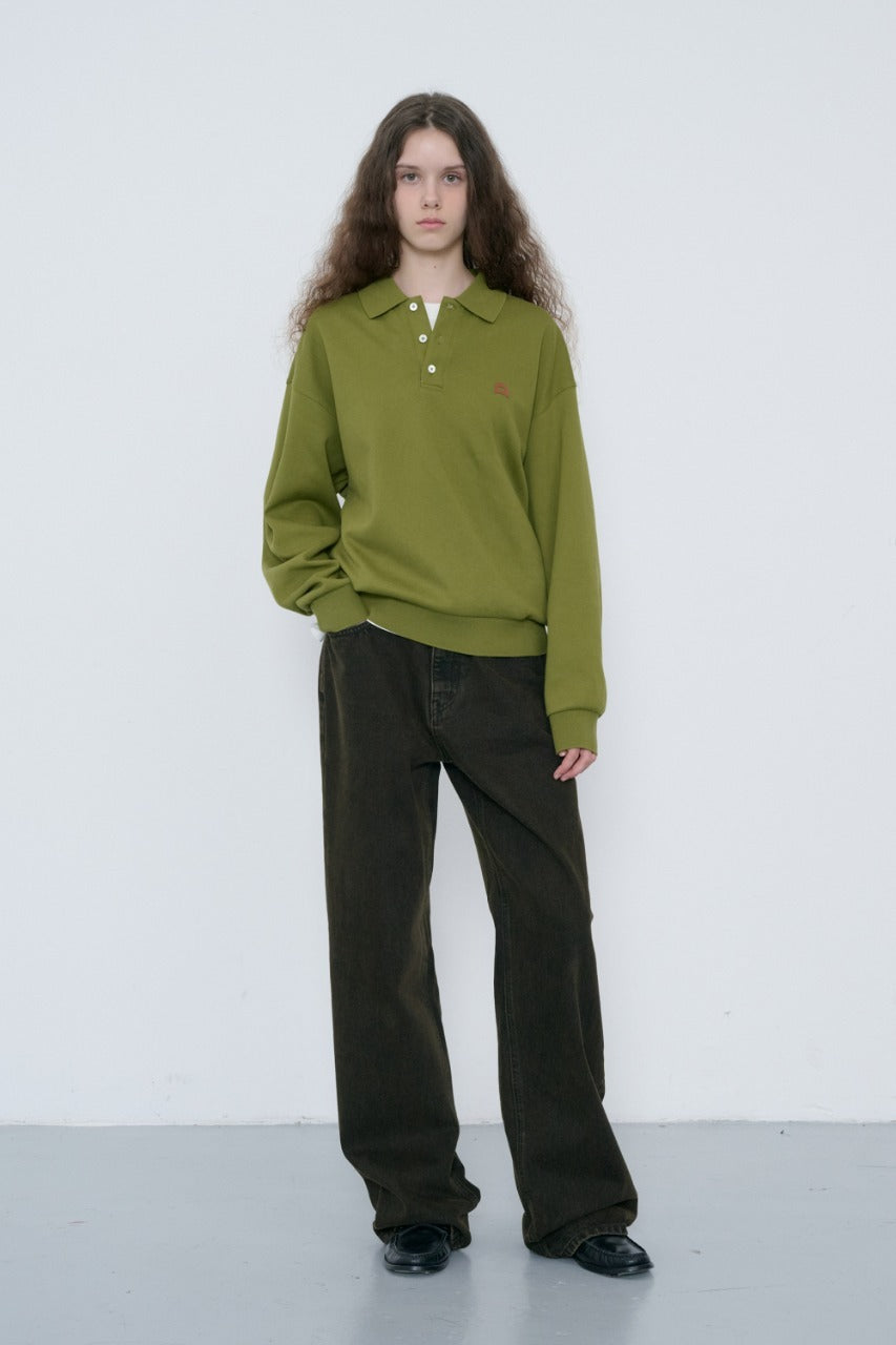 Dunst Unisex Leather Logo Collared T-Shirt Olive