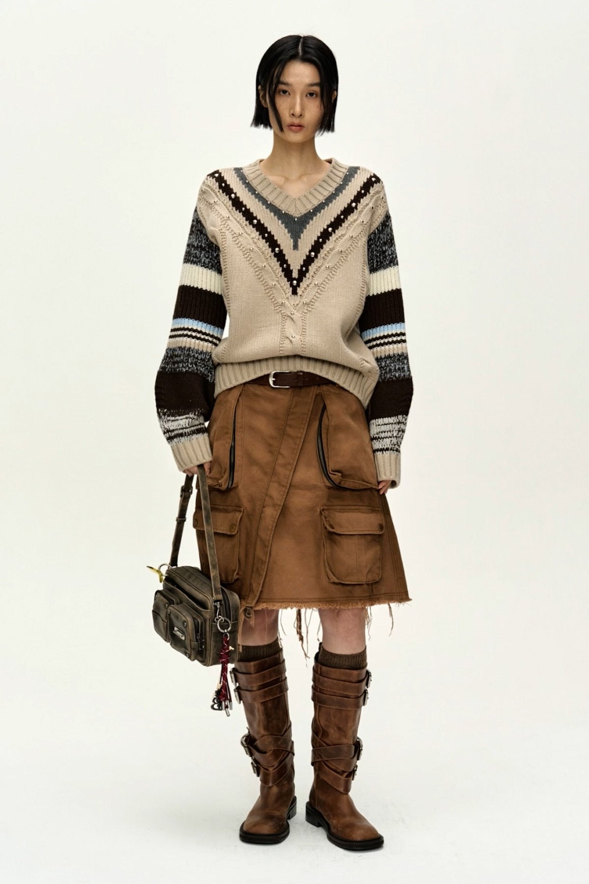Andersson Bell Studded Cable V-Neck Multi-Stripe Pullover