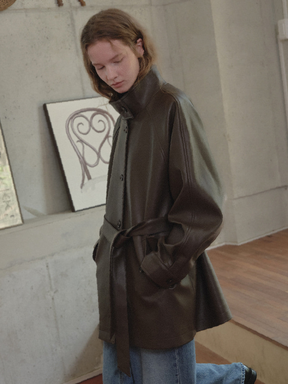 Tillidie High neck belted leather jacket Brown