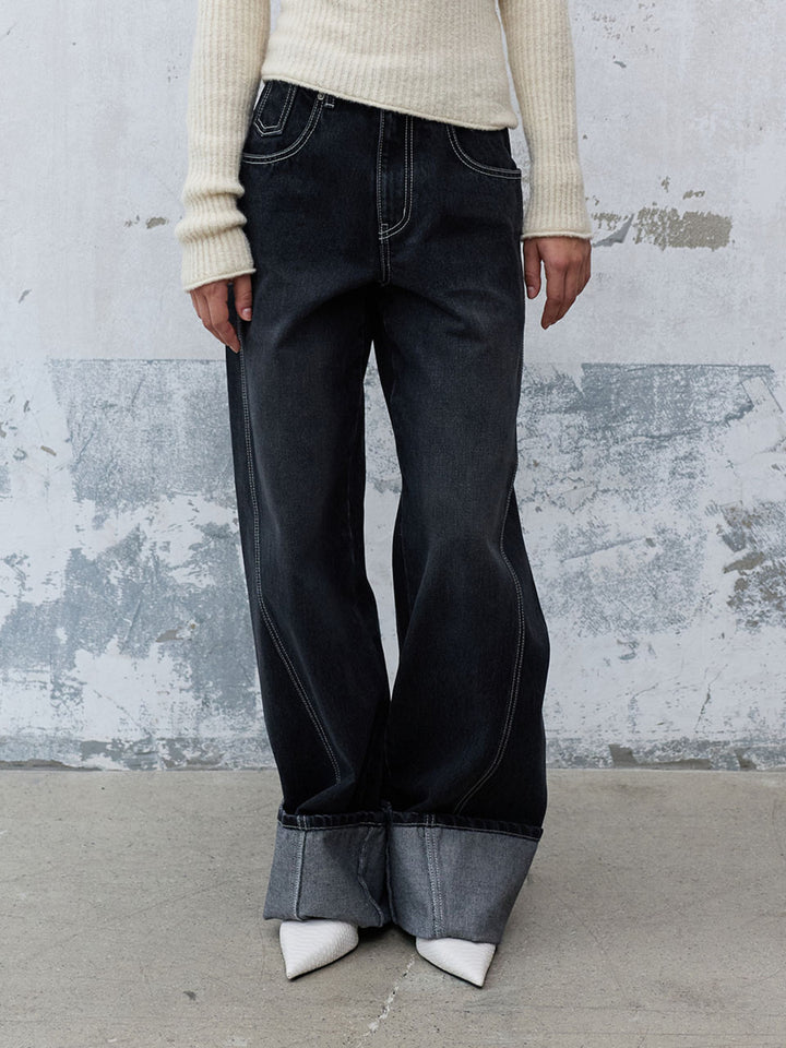 Raive Roll Up Denim Pants in Black