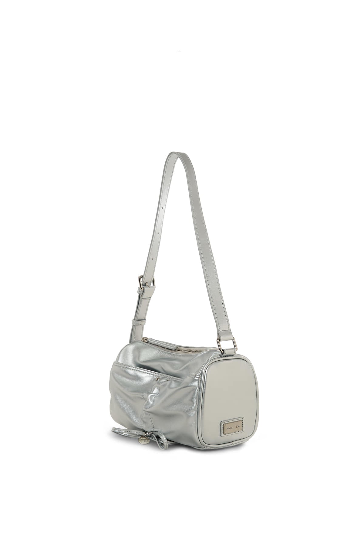 Matin Kim Front Shirring Ribbon Mini Bag in Silver, showcasing authentic Korean designer fashion.