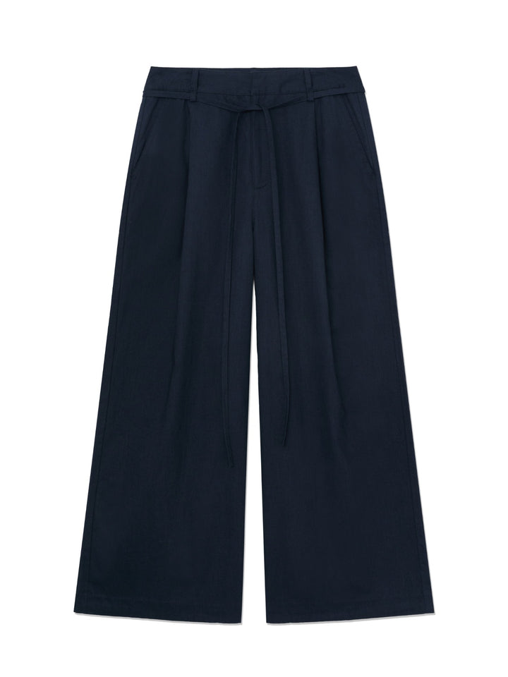 GLOWNY G Belted Linen Wide Pants (Navy)