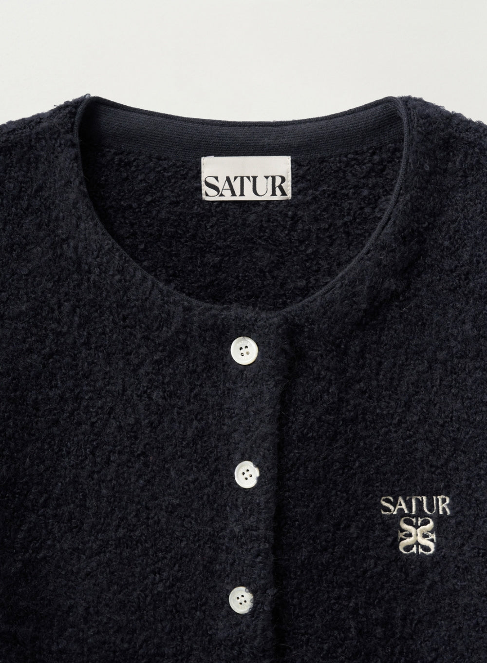 [satur] (W) Boucle Crew Neck Cardigan - Navy