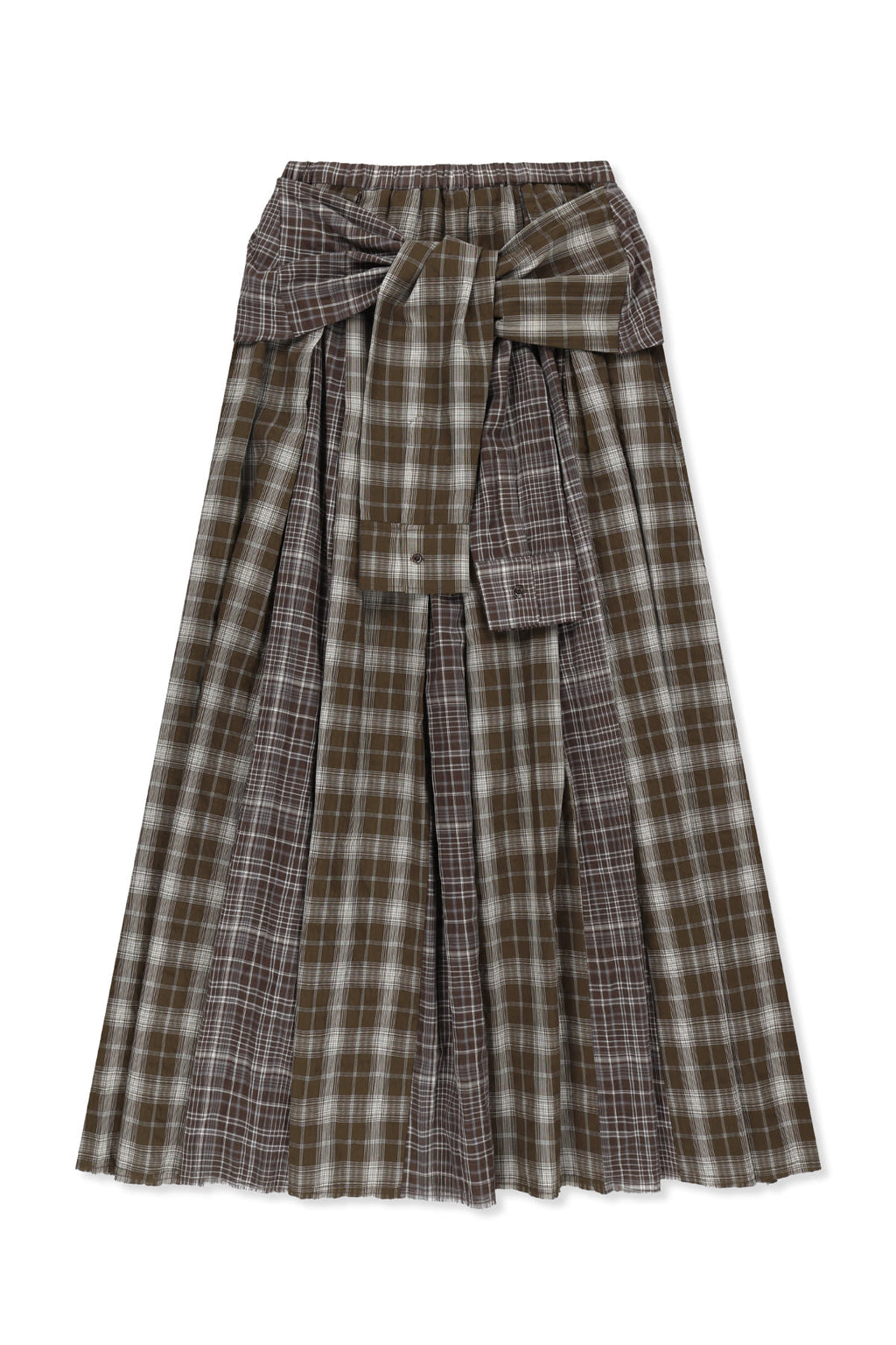 Matinkim Mixed Check Sleeve Tie Flare Skirt IN Brown
