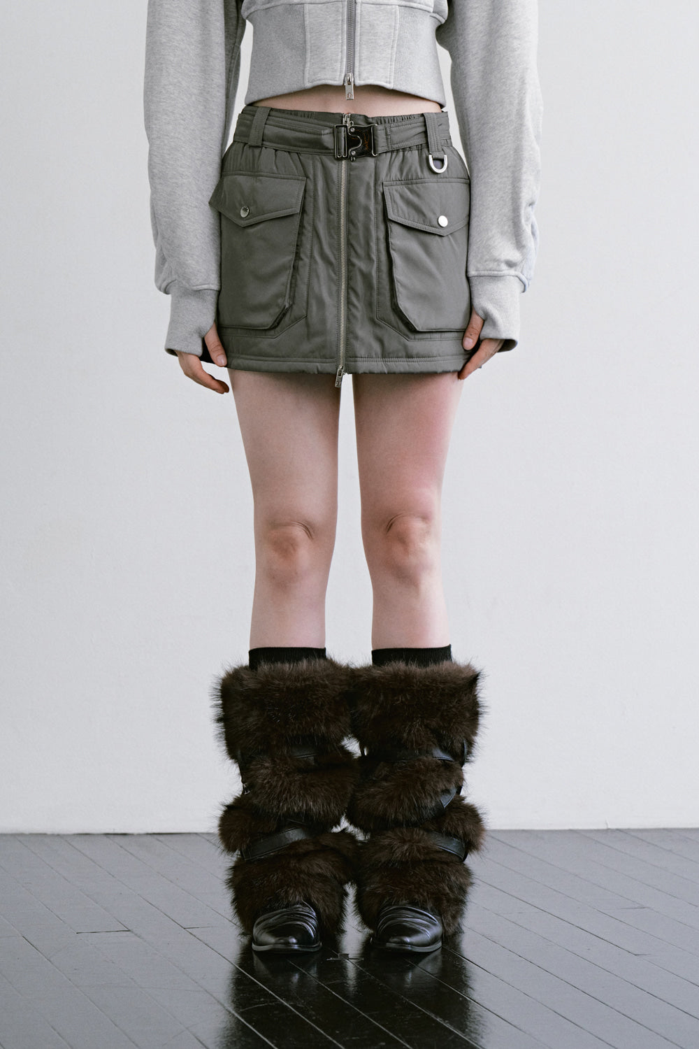 Treemingbird Front Zip Padded Mini Skirt Khaki