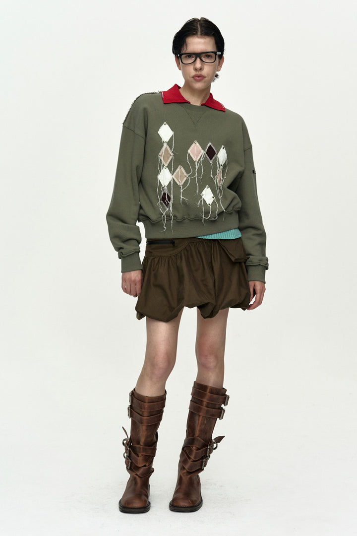 Andersson Bell (Essential) Studded Argyle Patchwork Sweatshirt Olive)