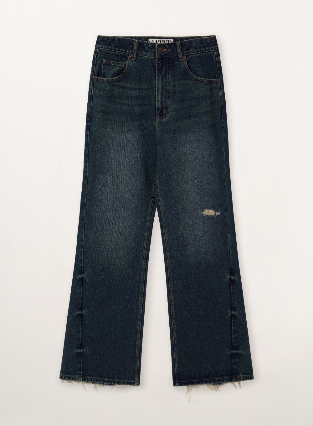 Satur Damage Washed Flare Fit Denim Pants - Deep Blue