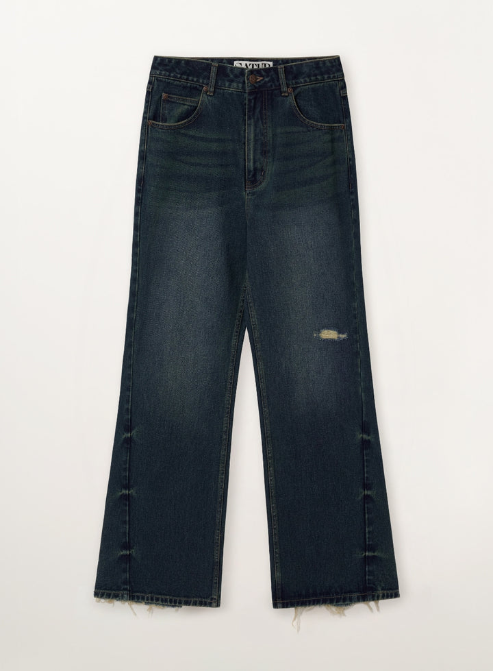 Satur Damage Washed Flare Fit Denim Pants - Deep Blue