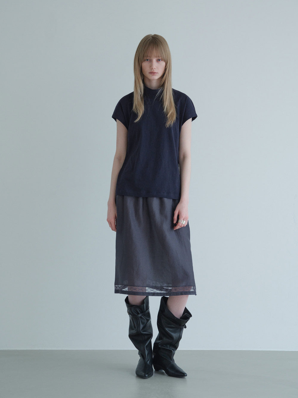 Low Classic High Neck Half Sleeve T-Shirt Navy