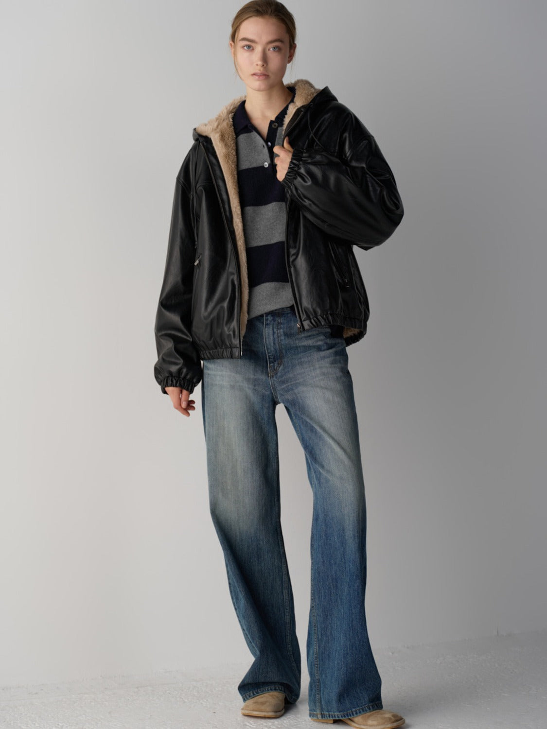 Facade Pattern Leather Fur Zip-Up Hoodie black