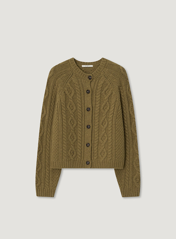 Mango Maniplease Camp Cable Cardigan Olive