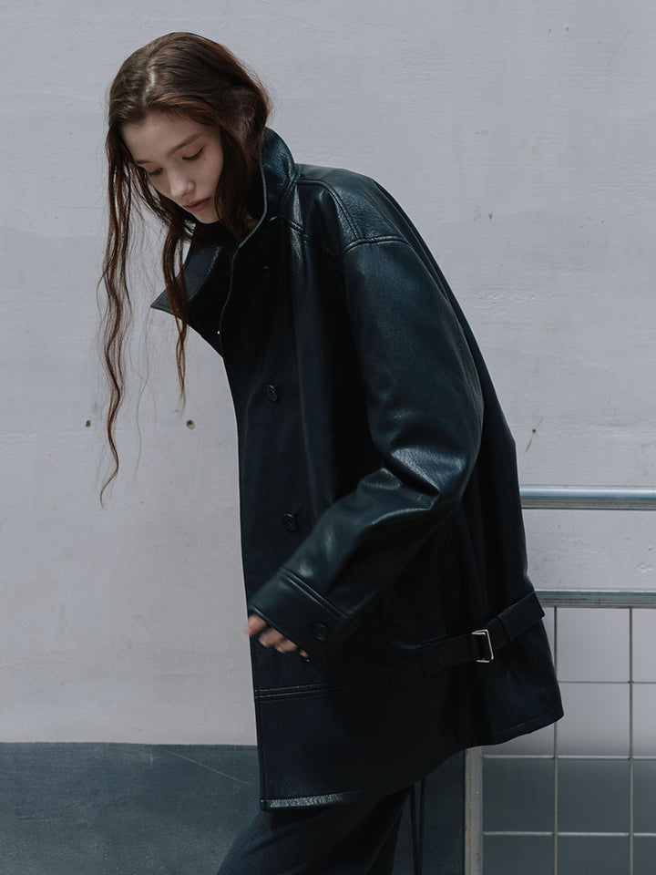 Raive Stand Collar Leather Jacket in Black