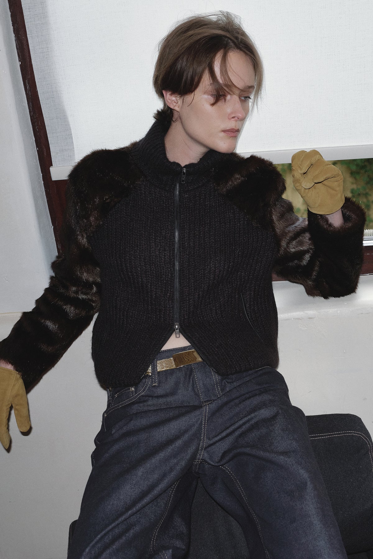 Overdueflair Fur Combi Wool Knit Jacket Black Brown