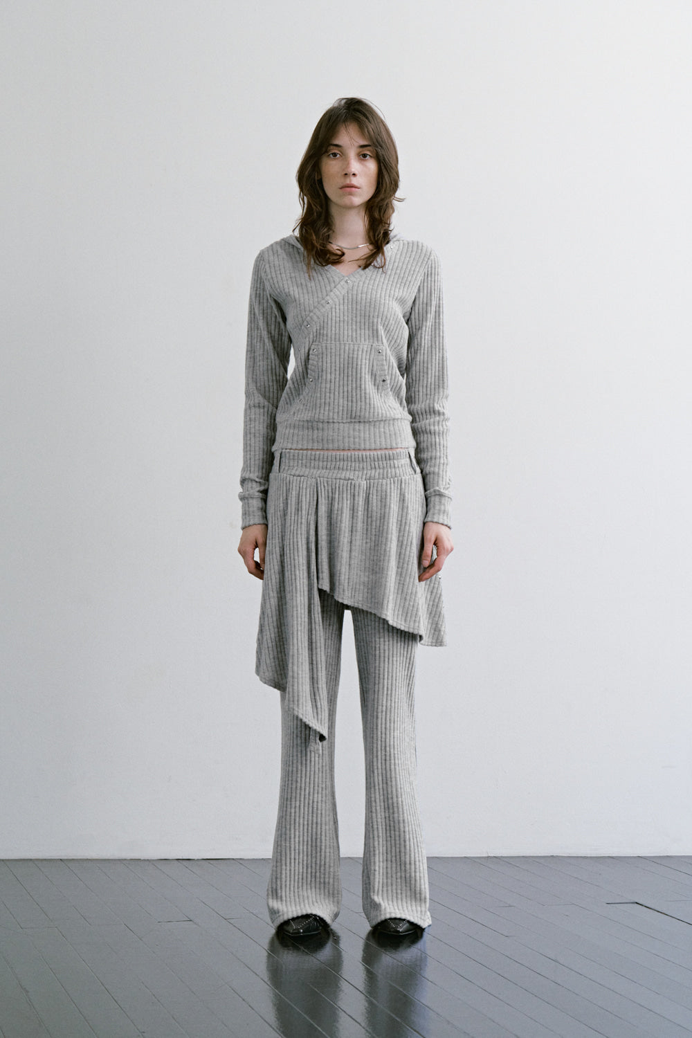 Treemingbird Hotfix Wrap Hoodie Set-up Top Melange Gray