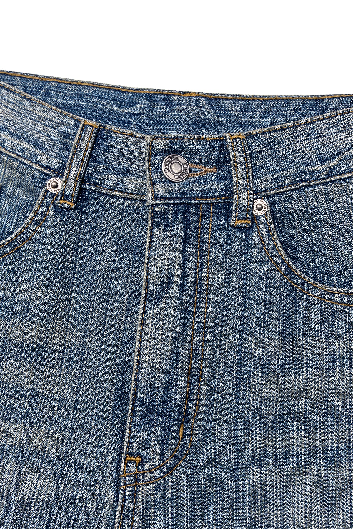 [matinkim] WASHED STRIPE BOOTS CUT DENIM PANTS IN BLUE