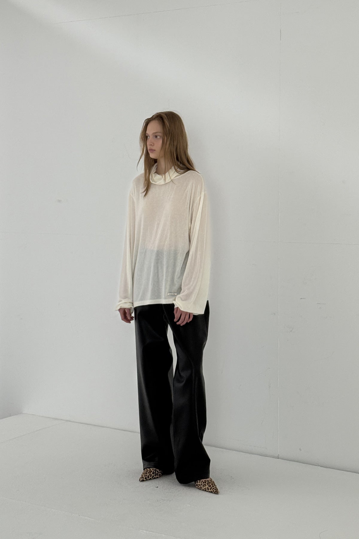 Overdueflair Loose Fit Wool Tencel Turtleneck T-Shirt Ivory