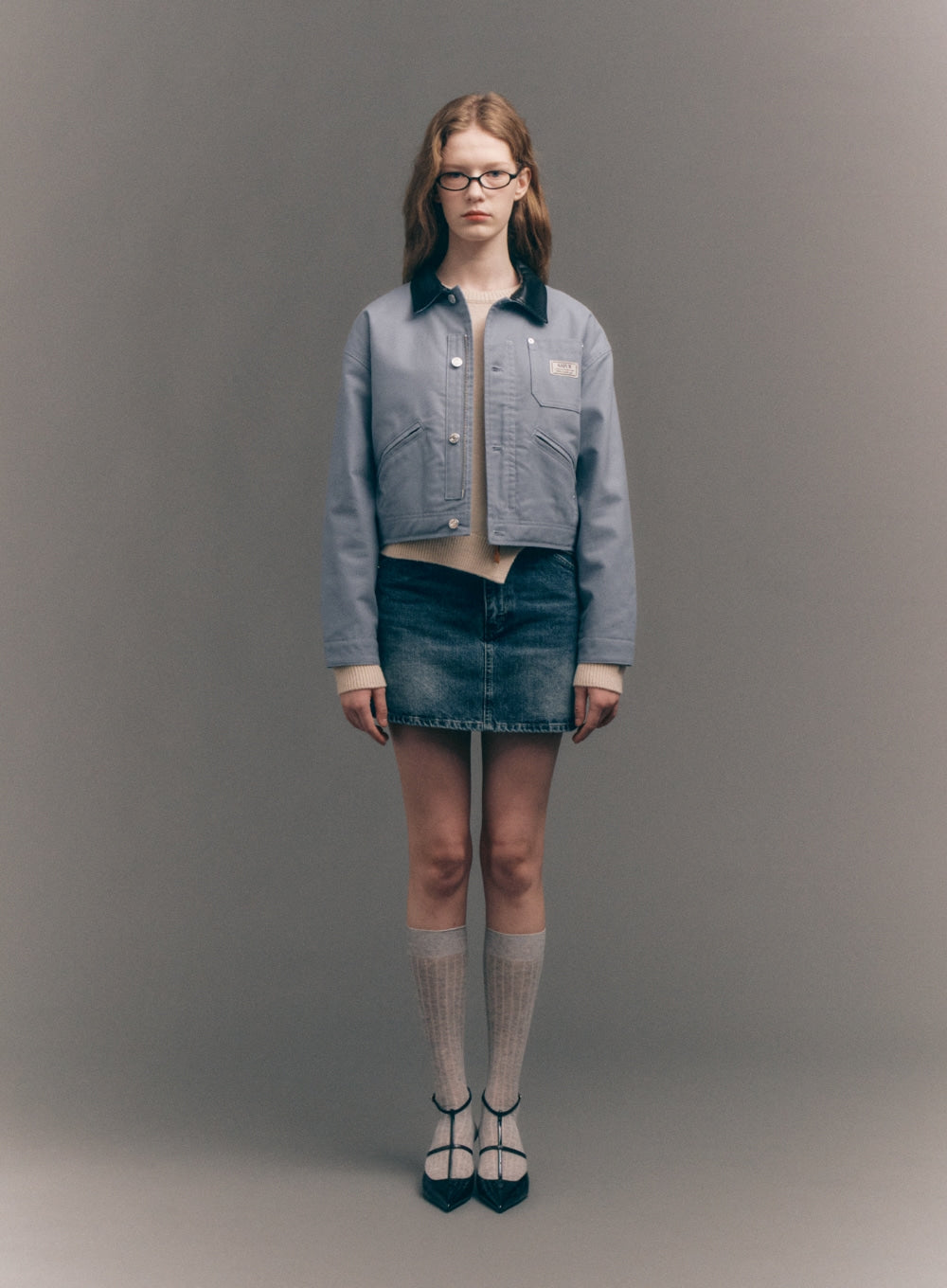 [satur] (W) Crop Cotton Work Jacket - Sky Blue