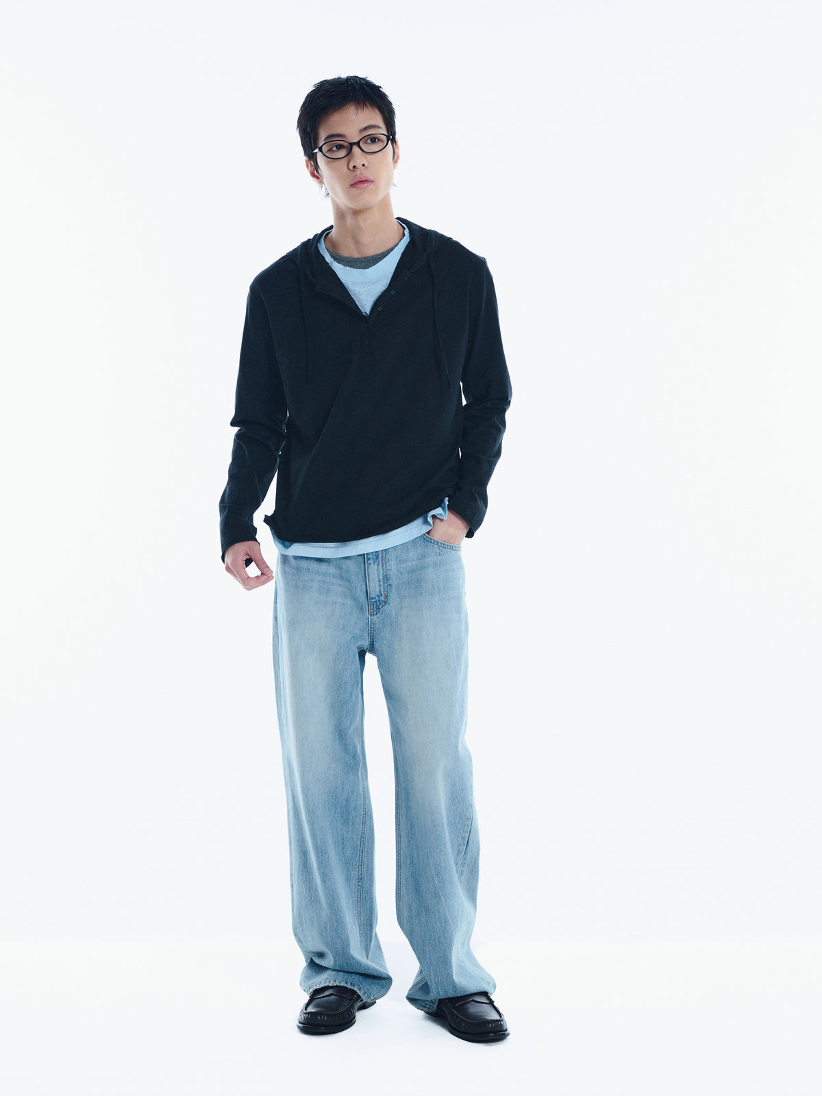 Low Classic Henley-Neck Jersey Hoodie Black
