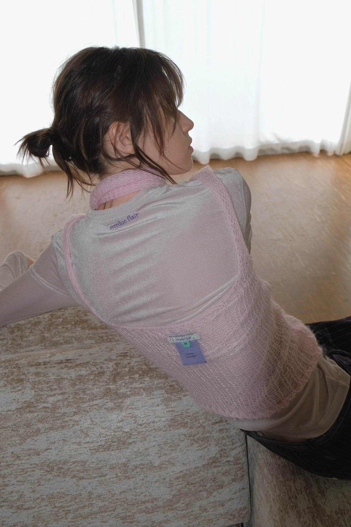 Overdueflair Hairy Sheer Knit Top With Scarf Acid Pink
