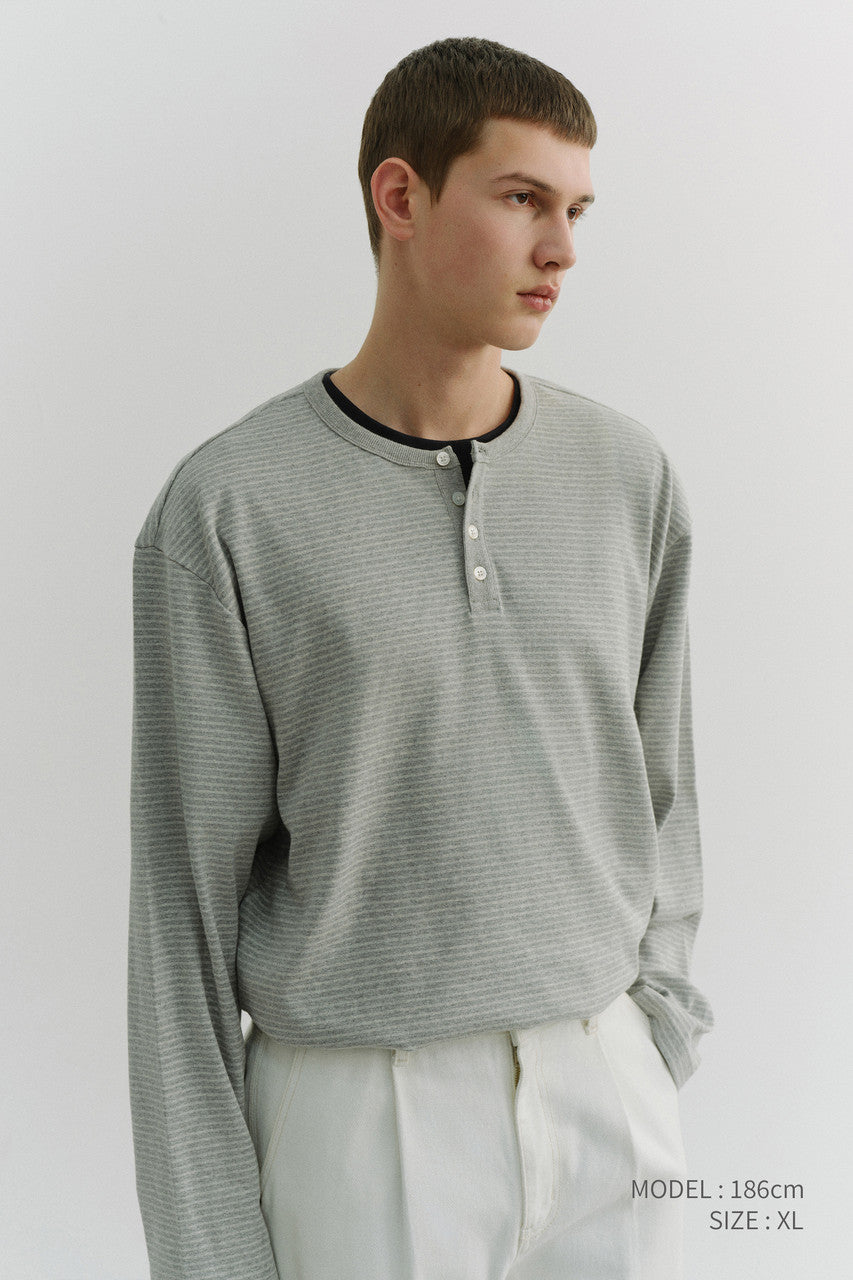 Dunst Unisex Henley-Neck T-Shirt Grey Stripe