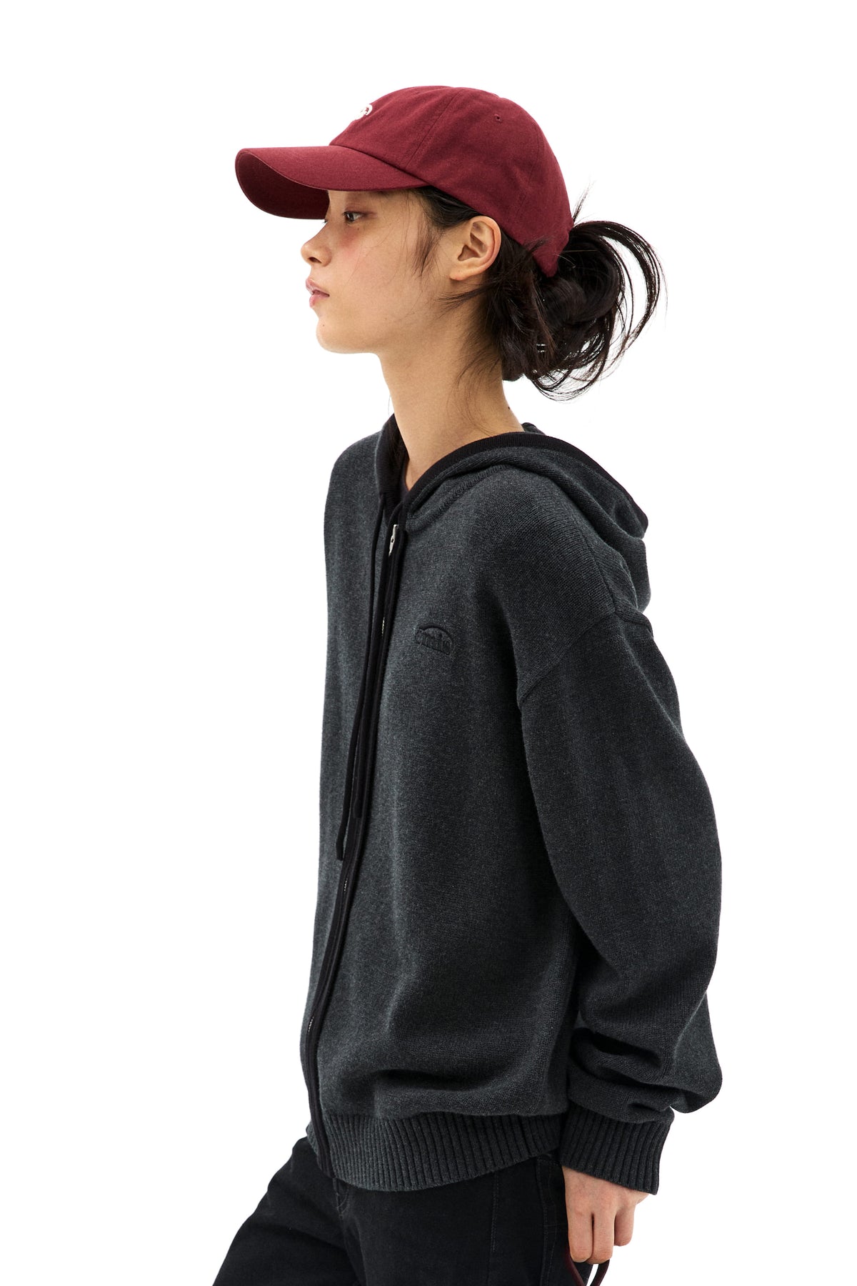 Emis Color-Block Knit Hood Zip-UP-Charcoal