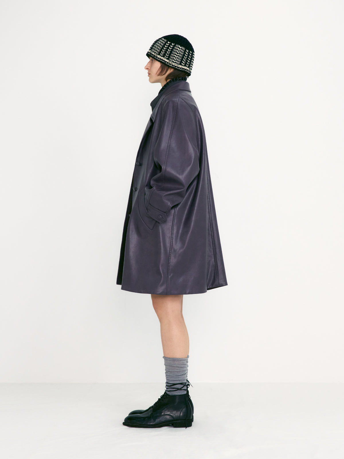 Low Classic Textured Leather Half Coat Purple
