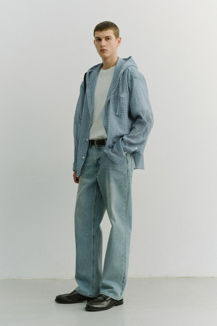 Dunst Unisex Classic Hooded Shirt Soft Blue Check