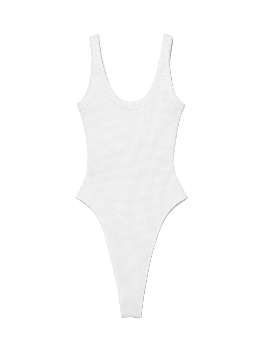 GLOWNY G Scoop Neck Waffle Bodysuit (White)