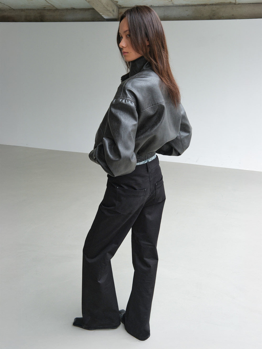 Low Classic Artificial Leather Short Jacket Charcoal