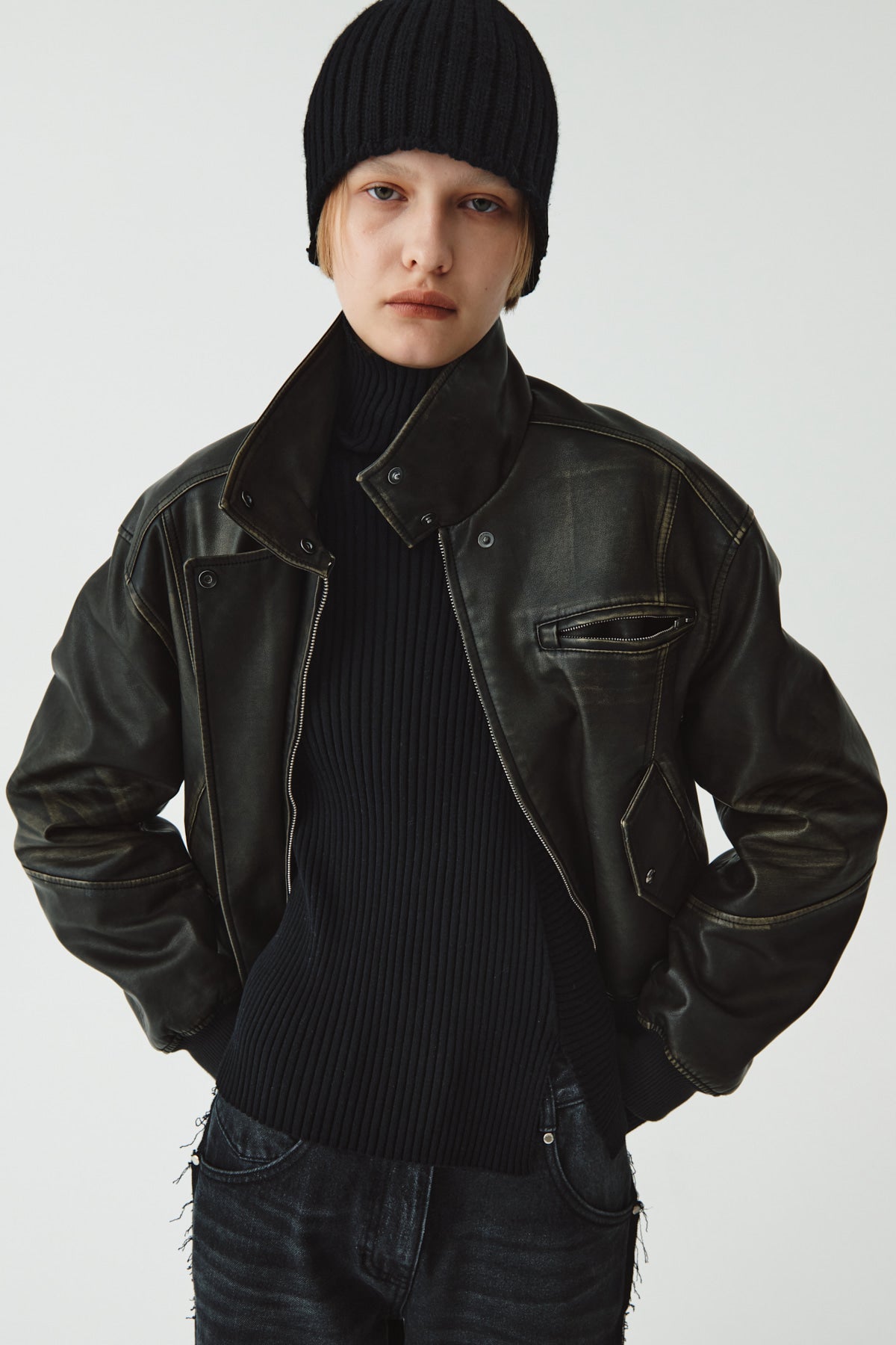 Matinkim Matin Kim Washed Faux Leather Bomber Jumper IN Brown