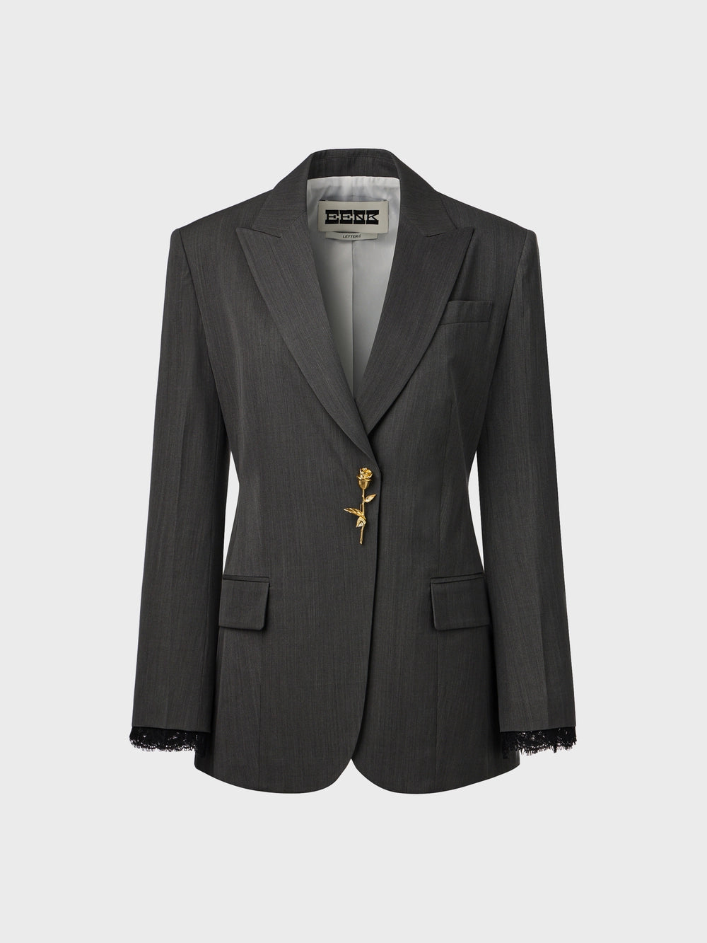 EENK Brooch Lace Trim Blazer - Gray