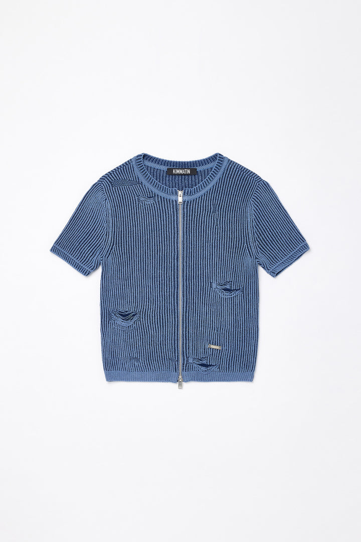 Matinkim Damaged Half Sleeve Knit Zip UP IN Blue