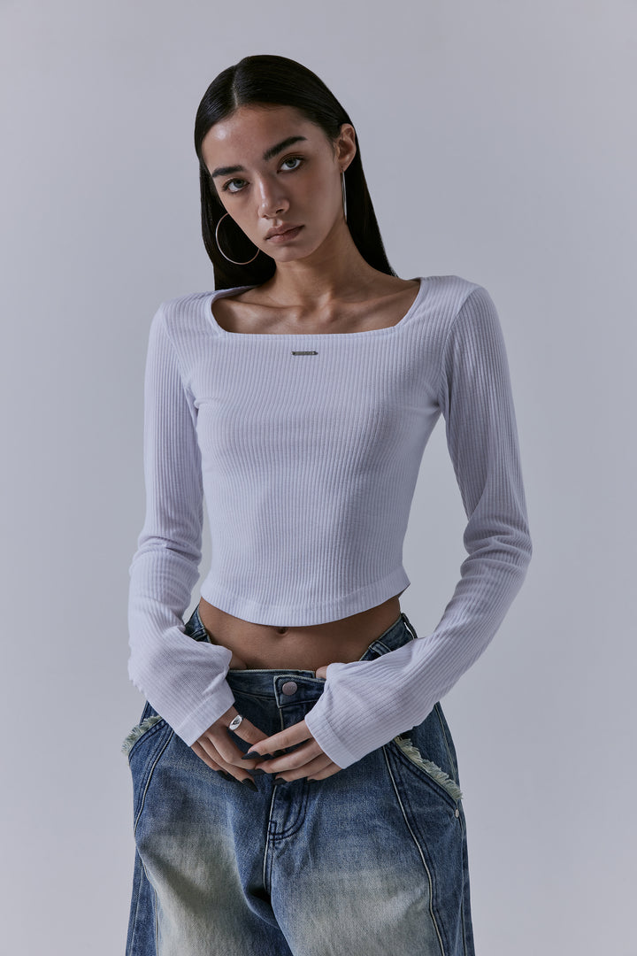 Treemingbird Square Neck Finger Hole Long Sleeve White