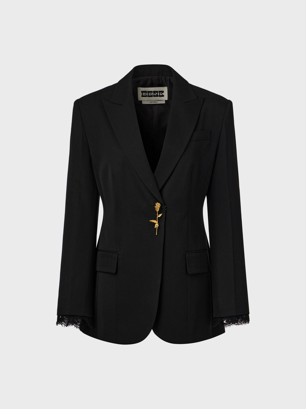 EENK Brooch Lace Trim Blazer - Black