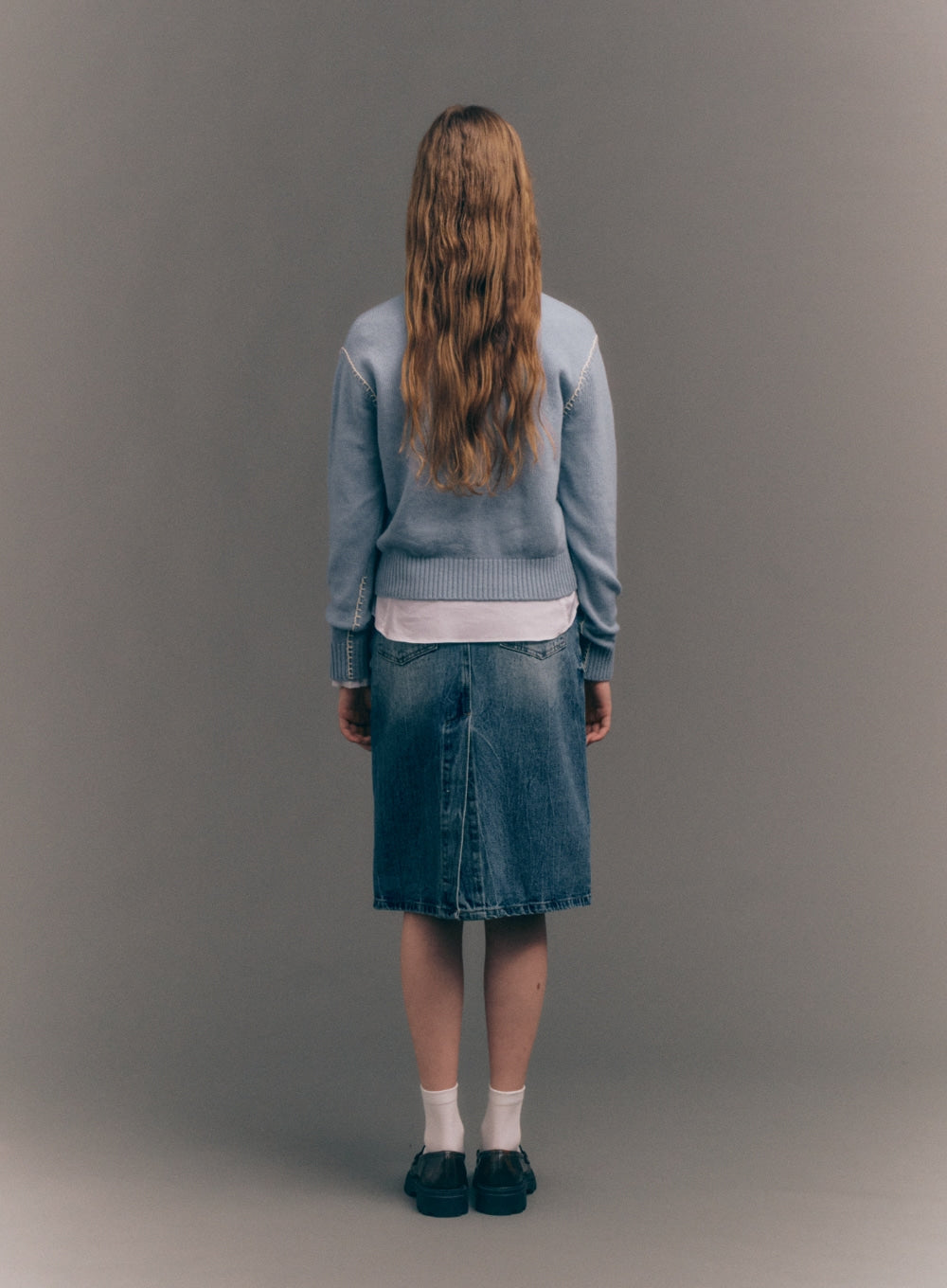 [satur] (W) Contrast Stitch Semi Crop Knit - Ice Blue