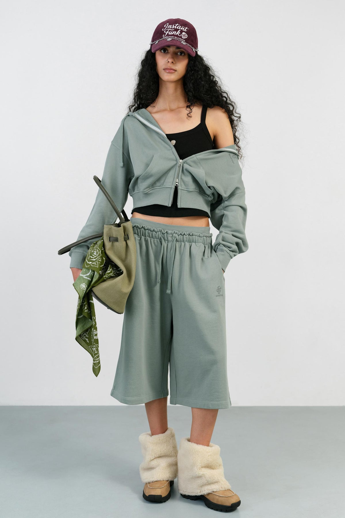 Instantfunk Washed Cropped Hoodie - Mint