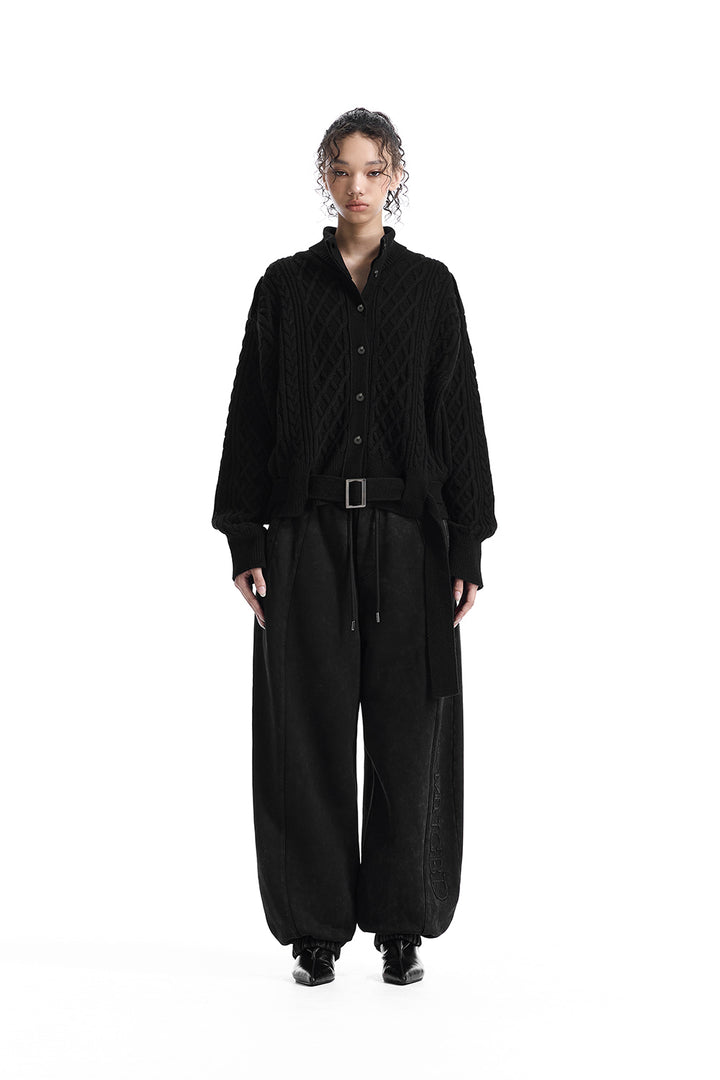 Treemingbird Belted Button Fisherman Knit Jacket Black