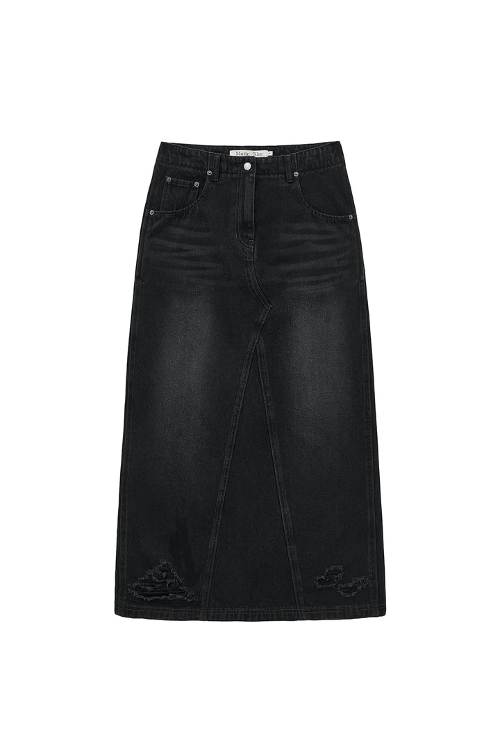Matinkim Damage Point Long Denim Skirt IN Black